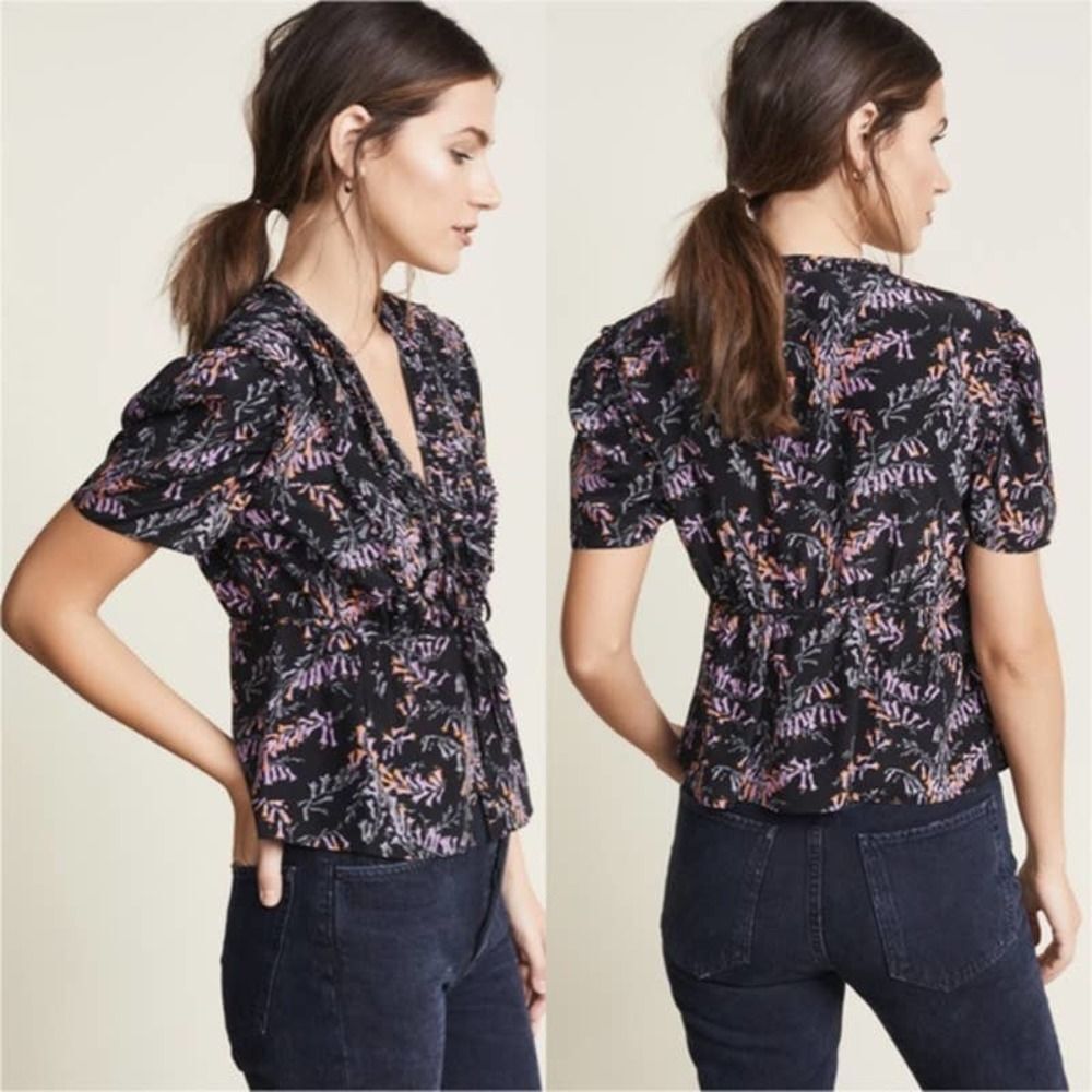 Cinq a Sept Snapdragon Keira Silk Floral V-Neck Blouse Short Sleeve Small Top - Picture 11 of 11